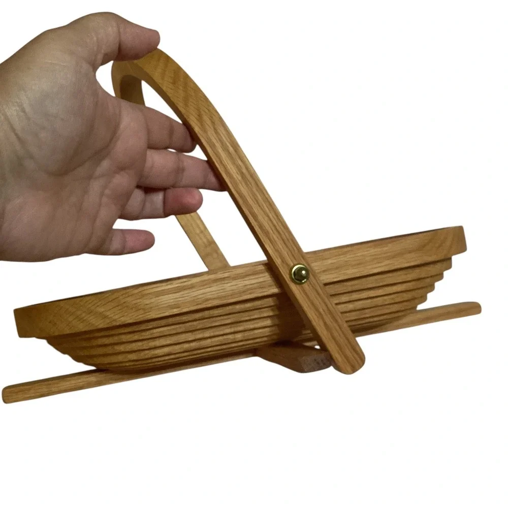 Handcrafted Oak Wood Collapsible Spiral Basket Folding Trivet Fruit Bowl 12in